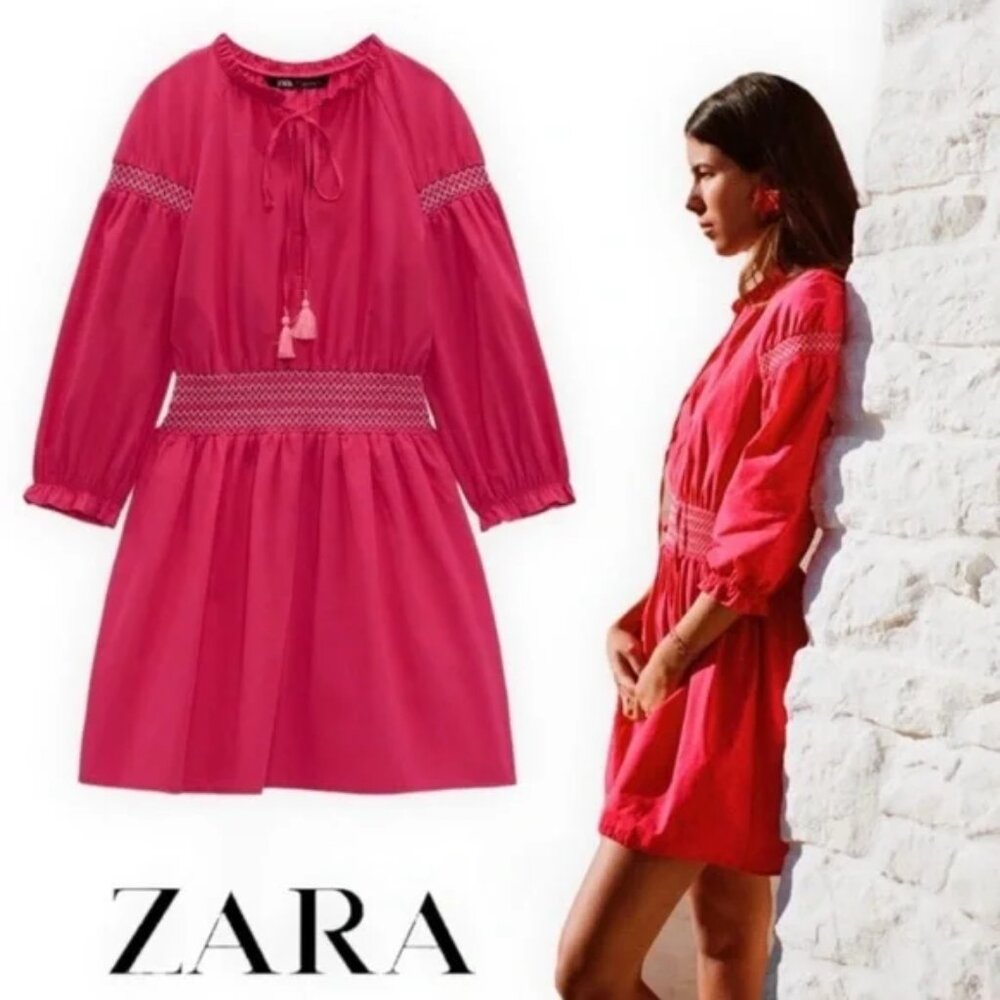 Zara Fuchsia pink flattering smocked poplin embroidered tassel mini dress, sz S